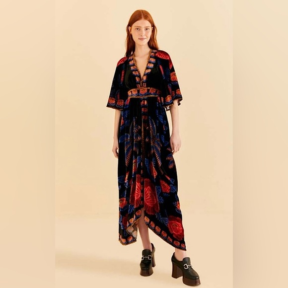 FARM RIO LIVING BLOOM BLACK VELVET MAXI DRESS LIVING BLOOM BLACK - Picture 1 of 3
